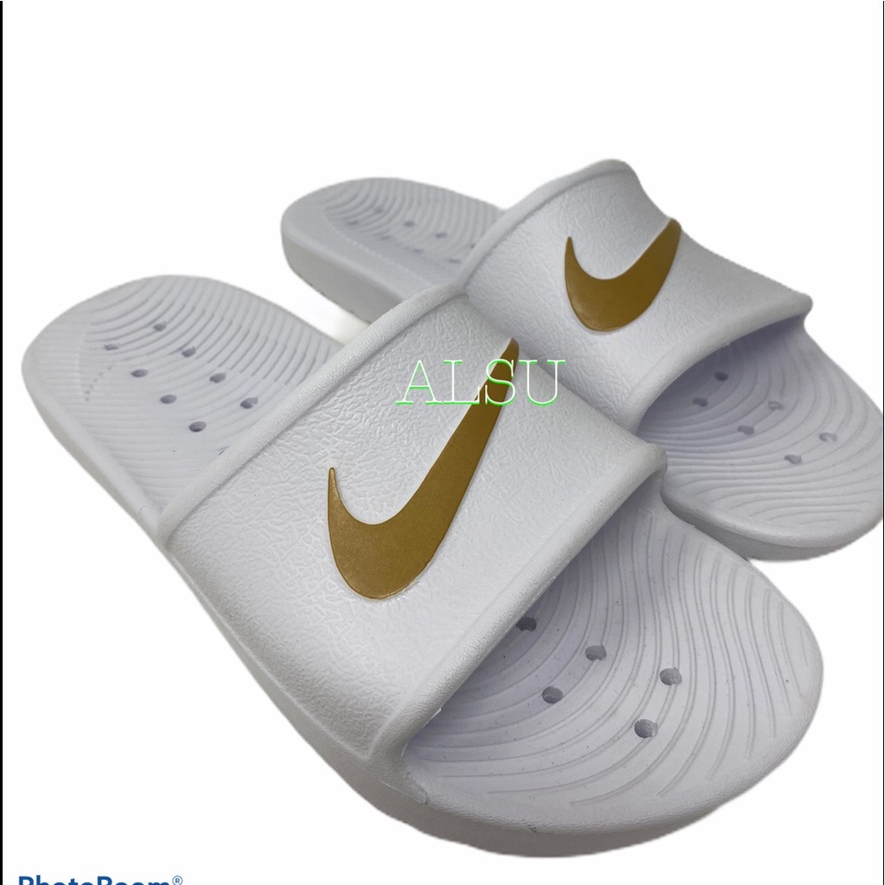 Nike Slides Women’s Beach Pool Sandals White Gold - Picture 5 of 7